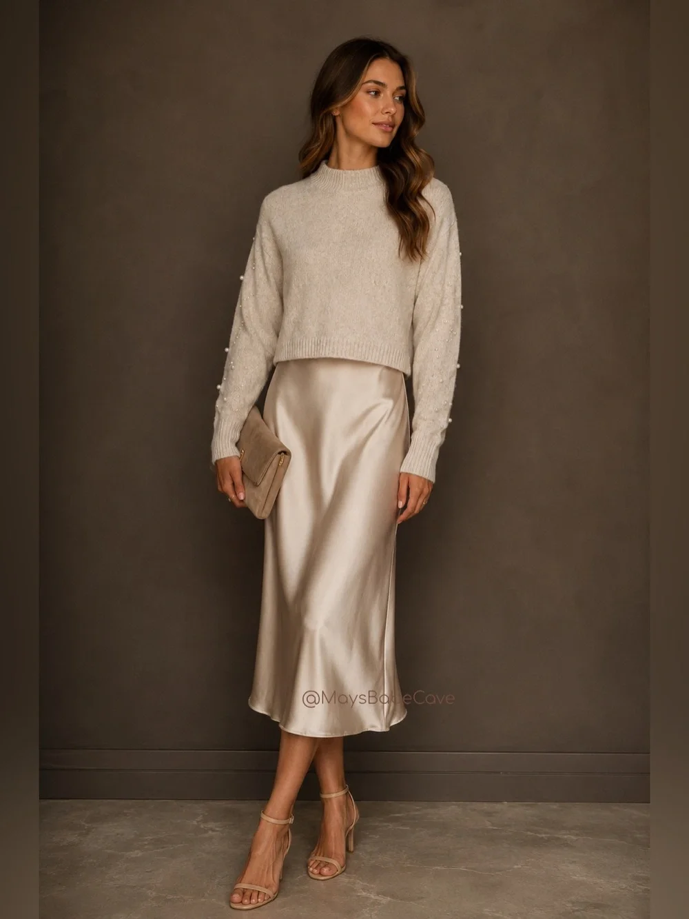 Cupcakes & Cashmere Pearl Sweater Satin Skirt Set Champagne Medium